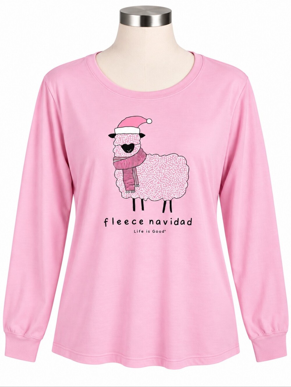 Life Is Good Shirt Womens M Pink Fleece Navidad Llama Christmas Long Sleeve NWT